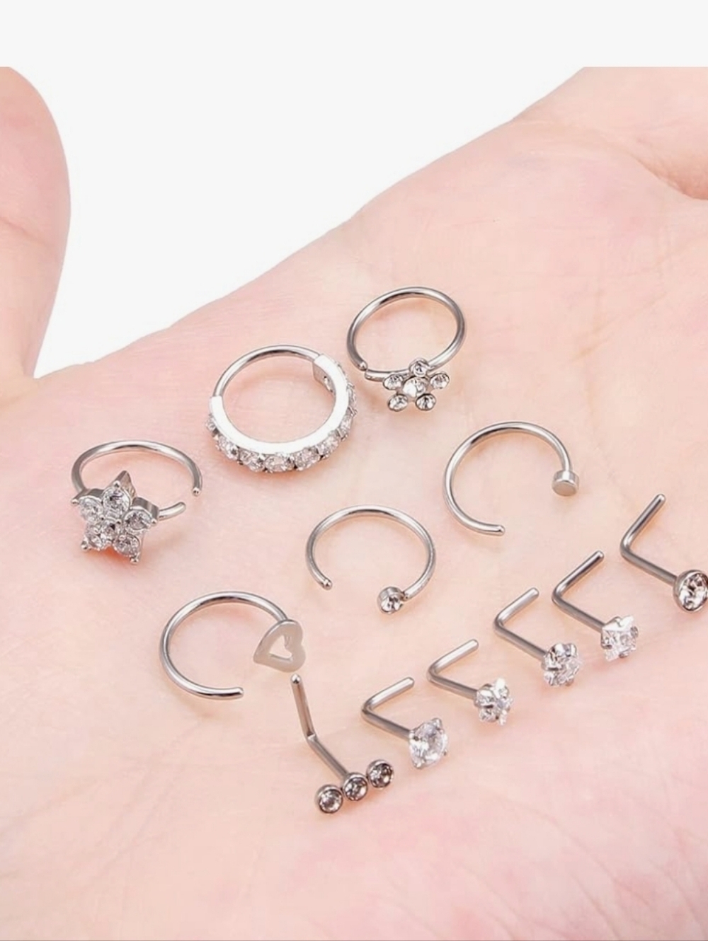 Sterling Silver Crystal Nose Ring and Stud Set - 12 Piece